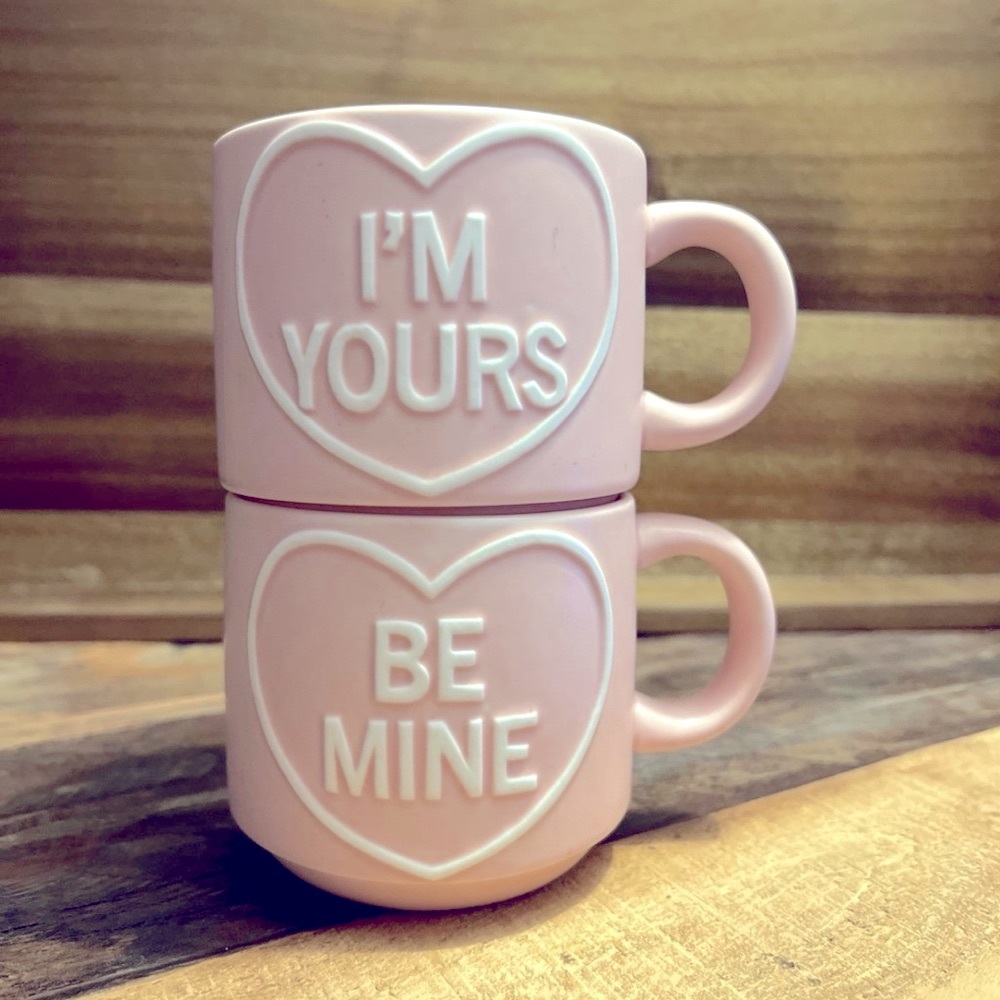 Pair of Love Heart Sweetheart Stacking Mugs, Stoneware Valentines